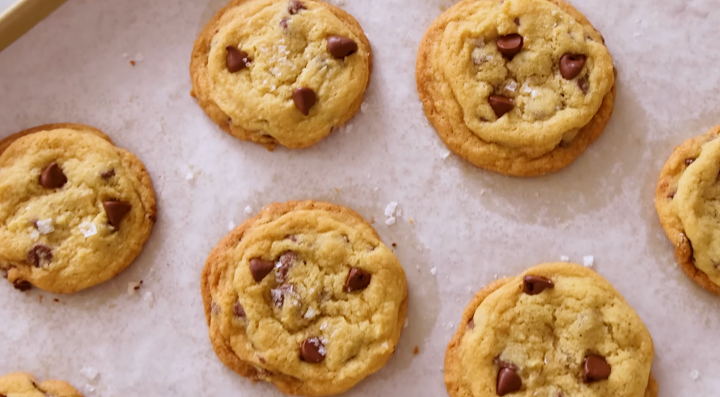 Soft and chewy chocolate chip cookies with golden edges and melted chocolate chips on a plate.